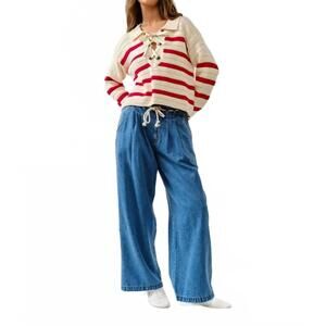 NEW AARON & AMBER lace up relaxed fit sweater in ivory red